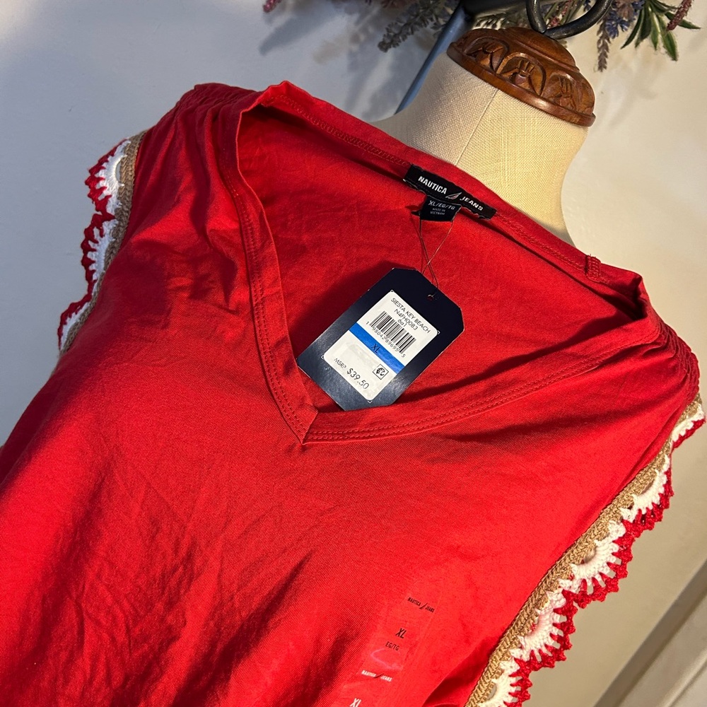Nautica Red V-Neck Top with Crochet Trim